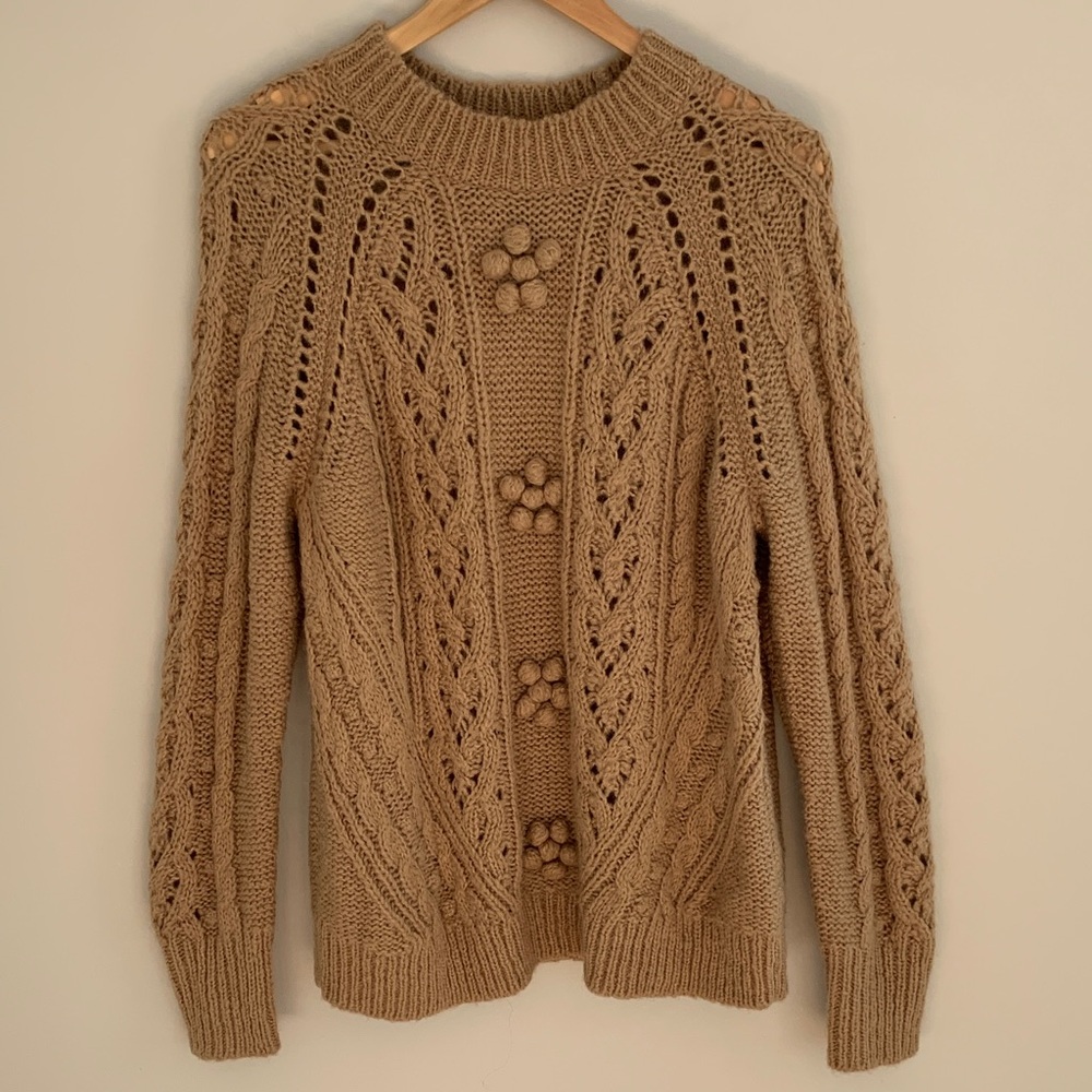 J. Crew Cable Knit Pointelle Sweater With Popcorn Flowers Large Tan Fisherman